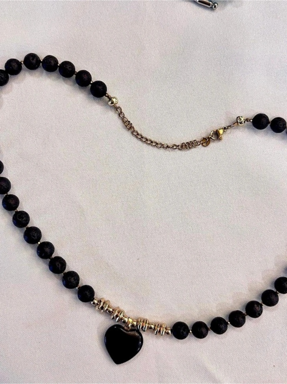 Black Lava Rock and Gold Beaded Necklace with Quartz Heart Pendant Gold Adjustab